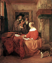 Репродукция картины "a woman seated at a table and a man tuning a violin" художника "метсю габриель"