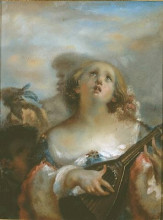 Картина "young girl playing mandolin" художника "милле жан-франсуа"