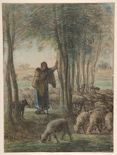 Репродукция картины "a shepherdess and her flock in the shade of trees" художника "милле жан-франсуа"
