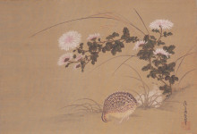 Картина "quail and chrysanthemums" художника "мицуоки тоса"