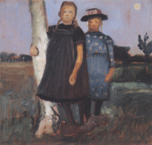 Картина "two girls standing on the birch trunk" художника "модерзон-беккер паула"