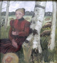 Картина "girls at the birch tree and flock of sheep in the background" художника "модерзон-беккер паула"