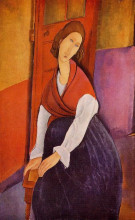 Репродукция картины "жанна эбютерн в красной шали" художника "модильяни амедео"
