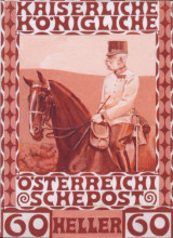 Картина "design of the anniversary stamp with austrian franz joseph i. on horseback" художника "мозер коломан"