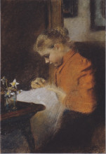 Копия картины "leopoldine steindl-moser, eine schwester des k&#252;nstlers, n&#228;hend" художника "мозер коломан"