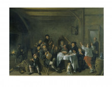 Копия картины "a domestic interior in which a peasants family drink, eat and entertain themselves with music. in the centre, is a table covered by a white linen on which food items had been displayed, before it is a dog and tow men on the far left are lighting their pip" художника "моленар ян минсе"