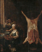 Копия картины "two peasants in a kitchen interior with a pig&#39;s carcass hanging nearby" художника "моленар ян минсе"