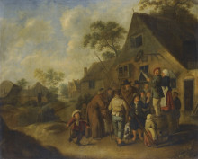 Копия картины "figures proclaiming the news on barrels outside an inn" художника "моленар ян минсе"