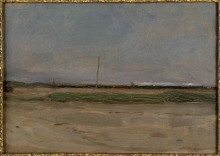 Репродукция картины "вид на польдер с поездом и маленькой ветряной мельницей на горизонте" художника "мондриан пит"
