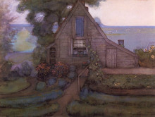 Репродукция картины "треугольный фасад дома с польдером в голубых тонах " художника "мондриан пит"