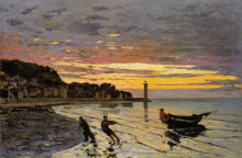 Репродукция картины "вытягивая лодку на берег. онфлёр" художника "моне клод"