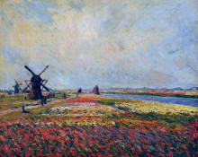 Репродукция картины "поля цветов и мельницы близ лейдена" художника "моне клод"