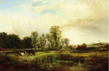 Репродукция картины "summer landscape with cows" художника "моран томас"