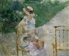 Репродукция картины "young woman sewing in the garden" художника "моризо берта"