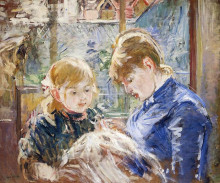 Картина "the sewing lesson (aka the artist&#39;s daughter, julie, with her nanny)" художника "моризо берта"