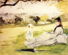 Репродукция картины "woman and child seated in a meadow" художника "моризо берта"
