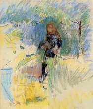 Картина "young woman holding a dog in her arms" художника "моризо берта"