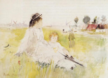 Репродукция картины "girl and child on the grass" художника "моризо берта"