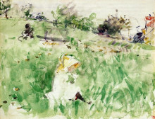 Картина "little girl sitting on the grass" художника "моризо берта"