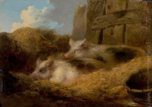 Репродукция картины "two pigs in straw (barn with pigs)" художника "морланд джордж"