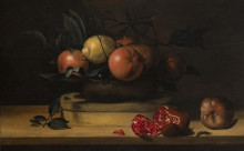 Репродукция картины "bowl of lemons and oranges on a box of wood shavings and pomegranates" художника "муайон луиза"