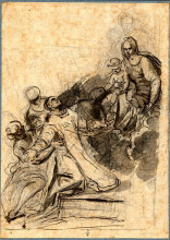 Картина "a saint kneeling and supported by angels, in ecstasy before the virgin and child on a cloud" художника "мурильо бартоломе эстебан"
