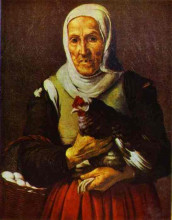 Репродукция картины "old woman with a hen" художника "мурильо бартоломе эстебан"