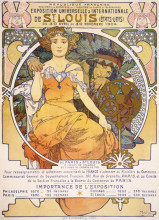 Картина "art nouveau color lithograph poster showing a seated woman clasping the hand of a native american" художника "муха альфонс"