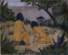 Копия картины "sitting and kneeling figures on the bank of the moritzburg lakes" художника "мюллер отто (художник)"