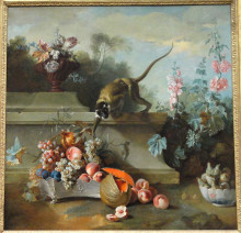 Копия картины "still life with monkey, fruits, and flowers" художника "одри жан-батист"