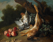 Репродукция картины "still life with dead game and peaches in a landscape" художника "одри жан-батист"