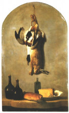 Копия картины "still life with hare, duck, loaf of bread, cheese and flasks of wine" художника "одри жан-батист"