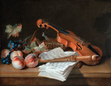 Картина "still life with a violin, a recorder, books, a portfolio of sheet of music, peaches and grapes on a table top" художника "одри жан-батист"