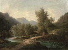 Картина "a mountainous wooded river landscape with a figure crossing a bridge" художника "о&#39;коннор джон"