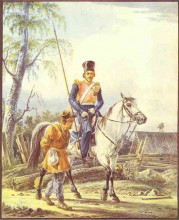 Картина "a mounted cossack escorting a peasant" художника "орловский александр"