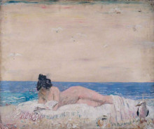 Репродукция картины "nude female model (reading on the seashore)" художника "орпен уильям"