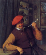 Репродукция картины "a peasant in a red beret smoking a pipe" художника "остаде адриан ван"