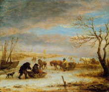 Копия картины "frozen ice landscape with carriages and boats" художника "остаде исаак ван"