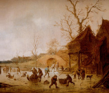 Репродукция картины "a winter landscape with skaters, children playing kolf and figures with sledges on the ice near a bridge" художника "остаде исаак ван"