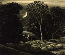 Картина "moonlight, a landscape with sheep" художника "палмер сэмюэл"