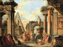 Репродукция картины "a capriccio of classical ruins with diogenes throwing away his cup" художника "панини джованни паоло"