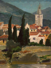 Картина "j&#243;zef pankiewicz - landscape with a church and cypresses ca. 1914, oil on canvas" художника "панкевич юзеф"