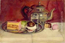 Картина "still life with cakes and a silver teapot" художника "пантазис перикл"