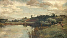 Репродукция картины "river scene with a shepherd and sheep by a ferry" художника "парсонс альфред"