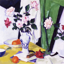 Репродукция картины "still life with pink and red roses in a chinese vase" художника "пепло сэмюэл"