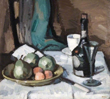 Картина "still life with a bowl of fruit, bottle, cup and glass" художника "пепло сэмюэл"
