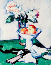 Картина "still life of roses and a bowl of apples on a green tablecloth" художника "пепло сэмюэл"