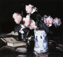Репродукция картины "roses in a blue and white vase, black background" художника "пепло сэмюэл"