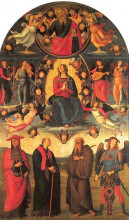 Репродукция картины "дева мария на троне, с ангелами и святыми. алтарь валломброза" художника "перуджино пьетро"