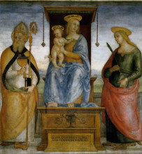 Репродукция картины "дева мария на троне со св. екатериной александрийской и св. бьяджо" художника "перуджино пьетро"